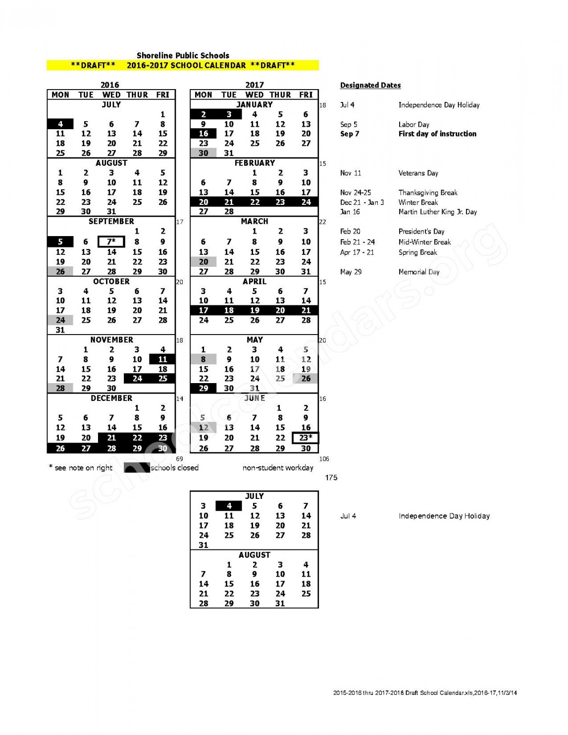 Shoreline School District Calendars – Shoreline, WA