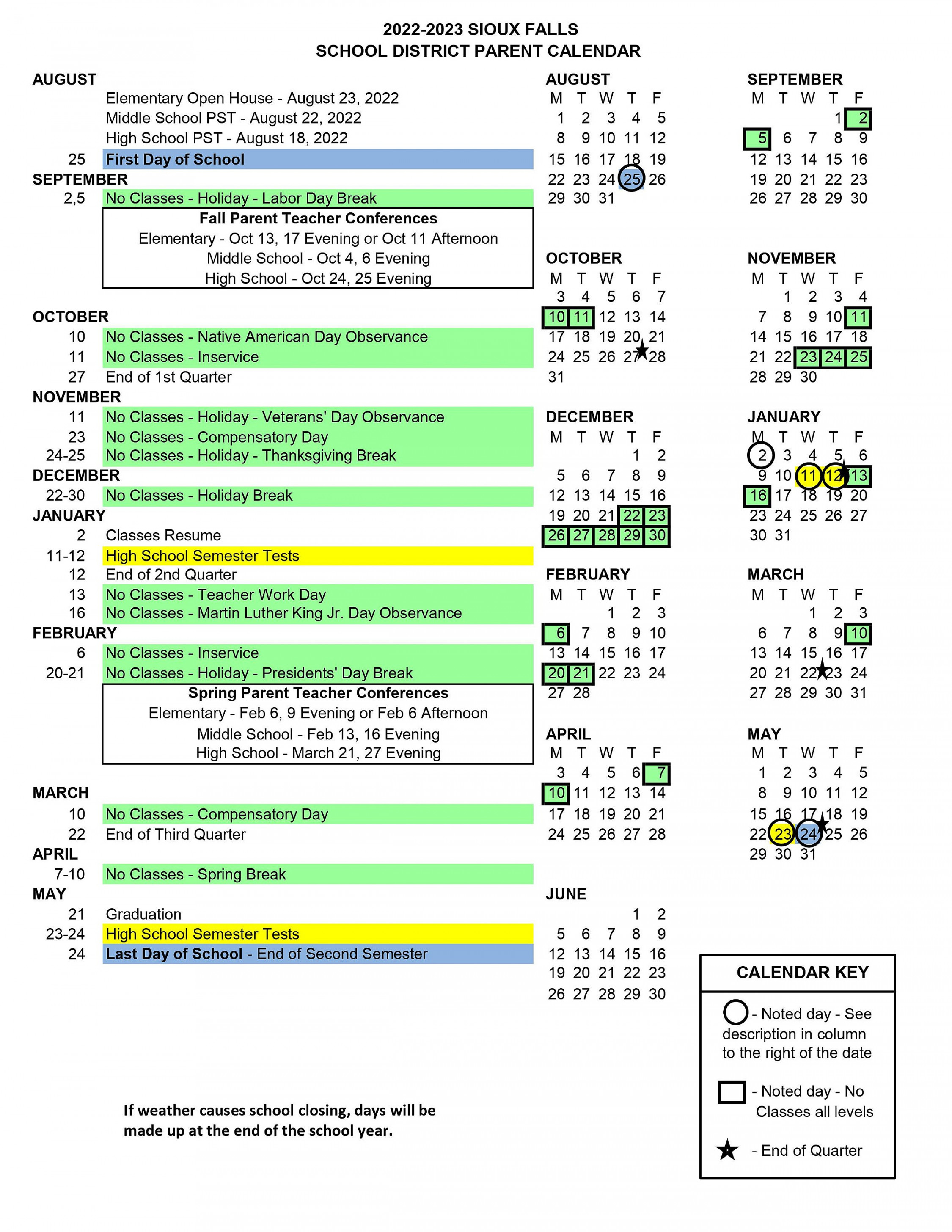 Sioux Falls School District Calendar -