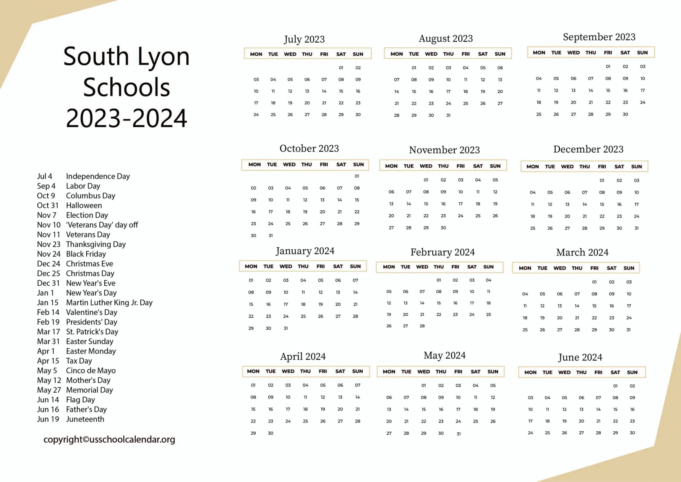 South Lyon Schools Calendar with Holidays -