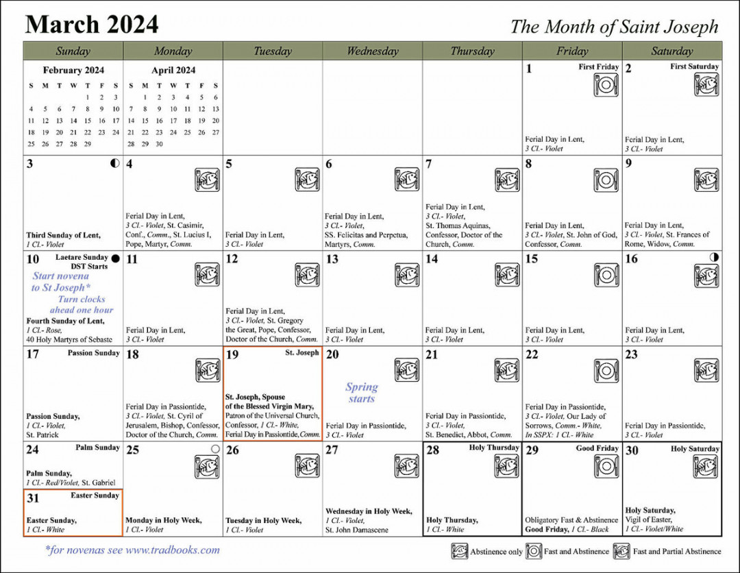 Traditional Catholic Calendar: Sacramentals; saints, fasts, feasts  COLOR