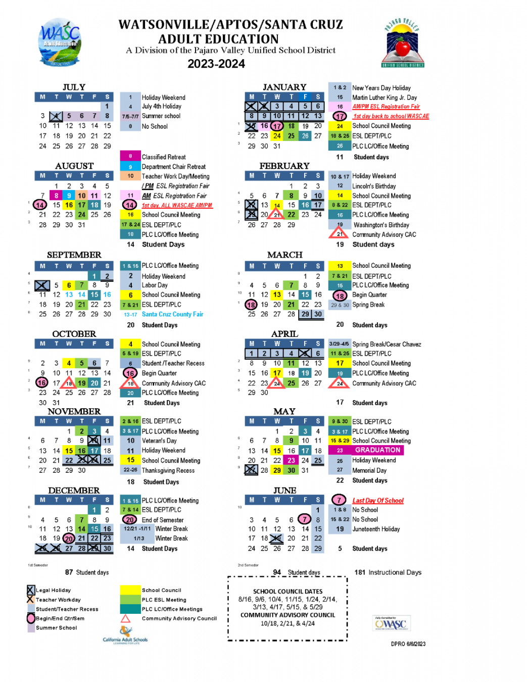 WASC Adult Education - Calendar