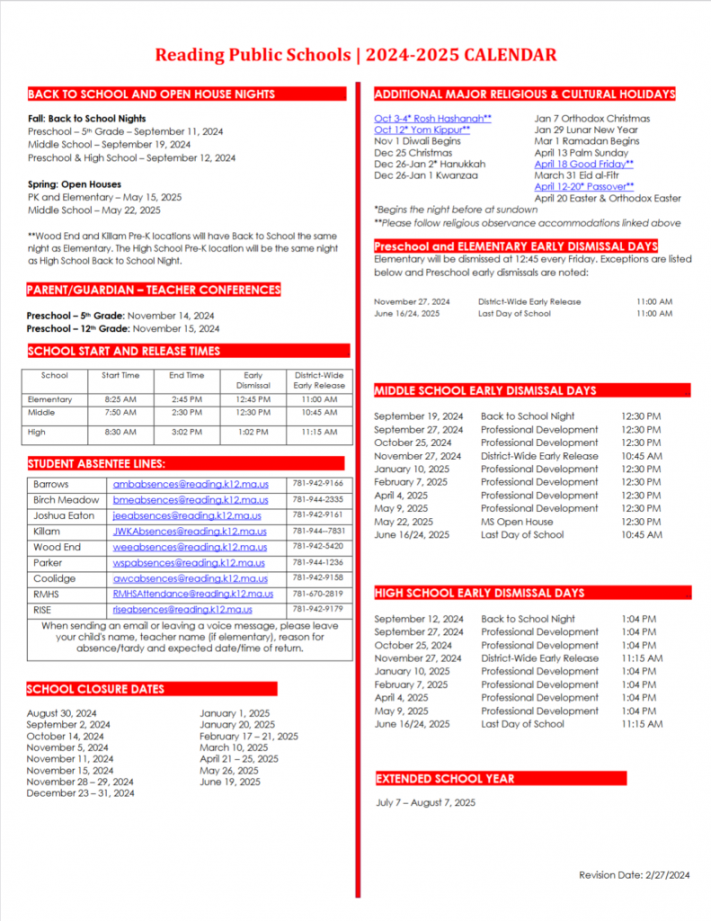 Recapping Everything in Reading, MA - –  RPS District Calendar