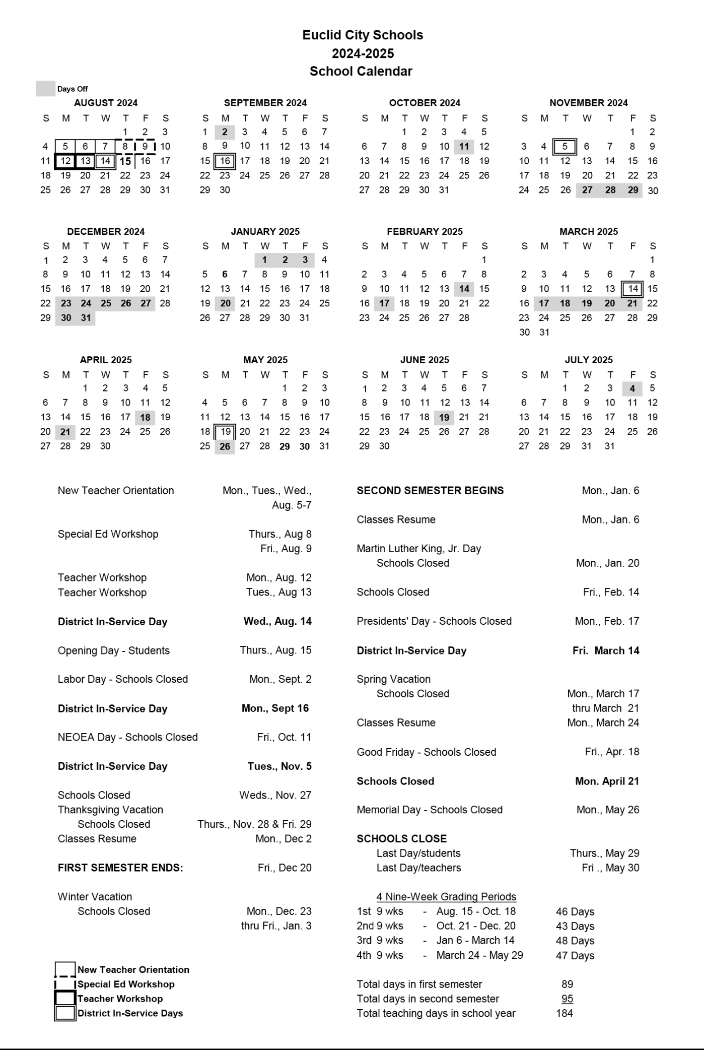 - School Calendar - Euclid Observer
