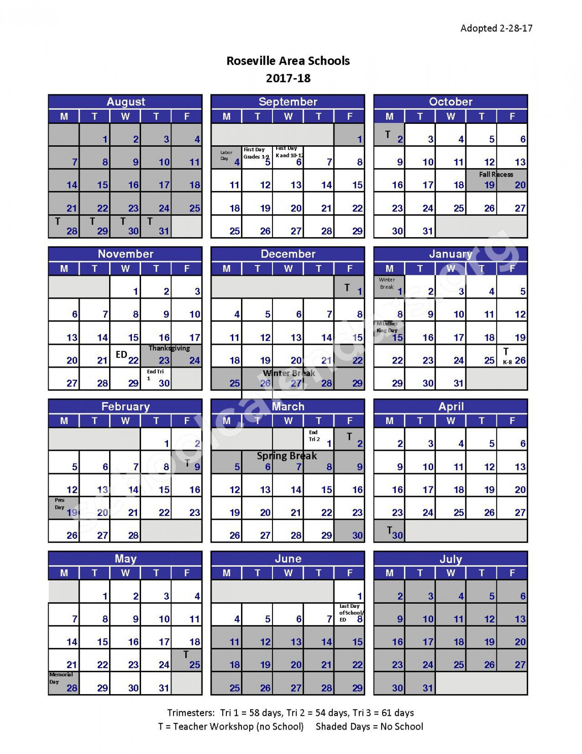 -  School Calendar  Roseville Public School District