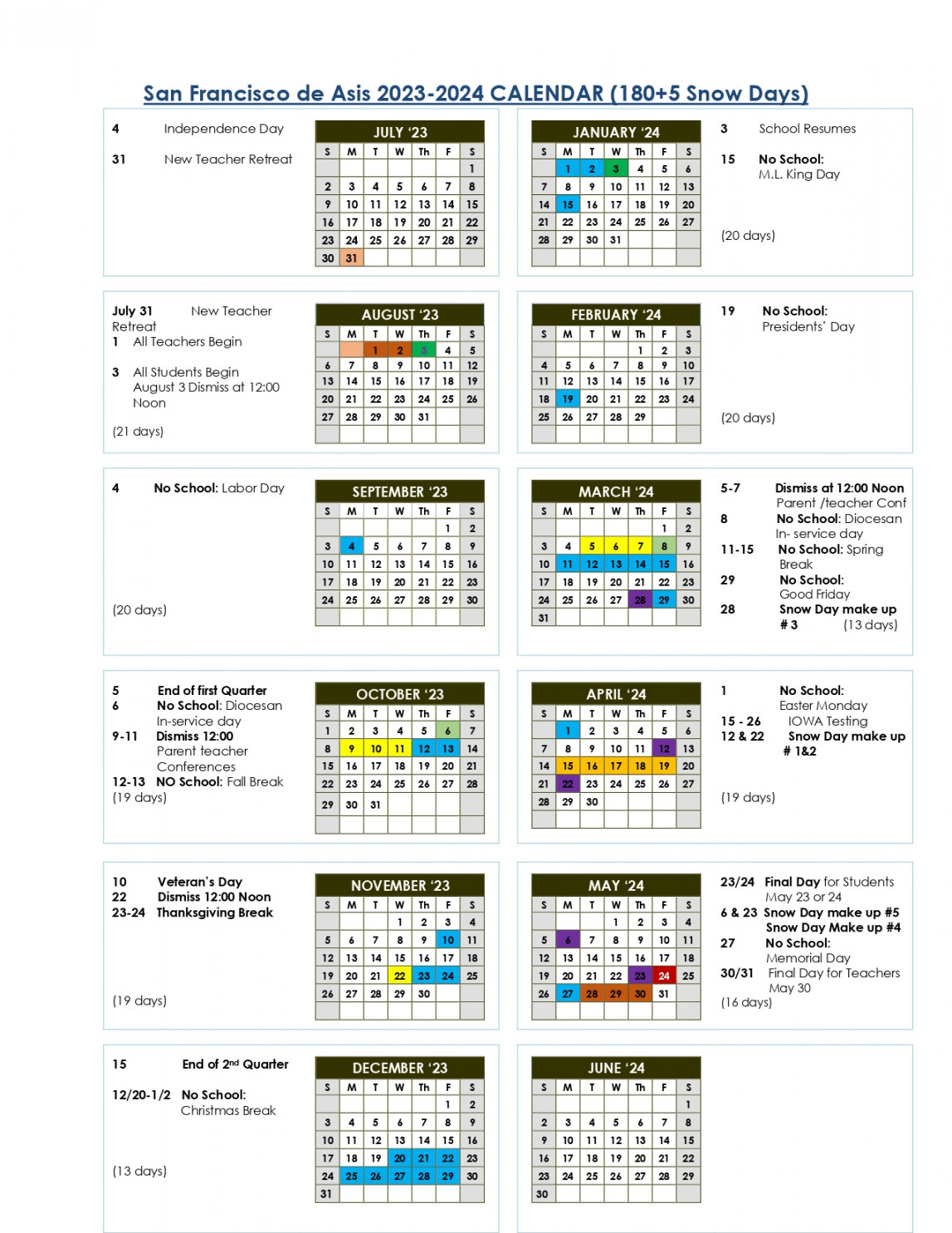 School Calendar - San Francisco de Asís Catholic School, Flagstaff, AZ