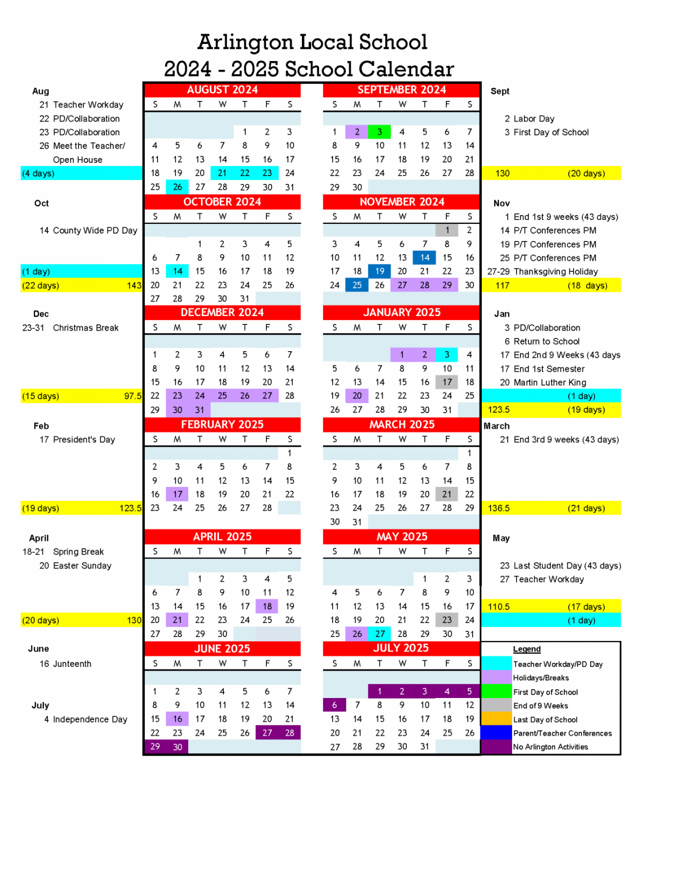 School Calendars - Arlington Local Schools