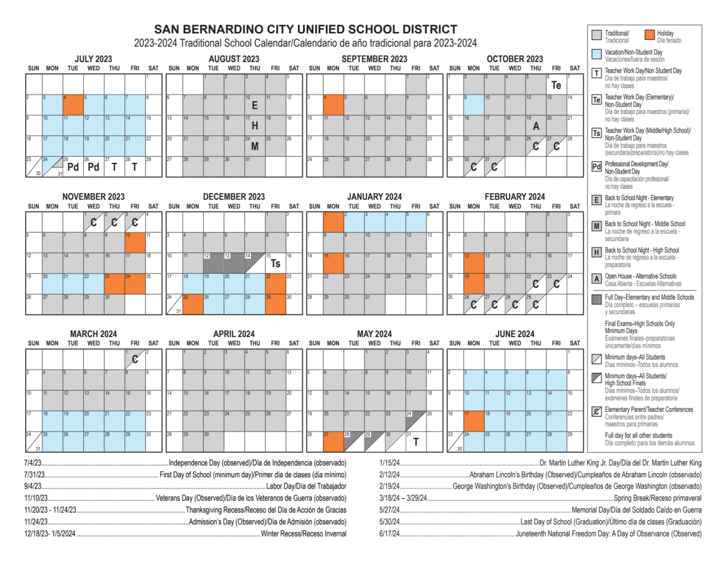 School Year Calendars - San Bernardino City Unified School District