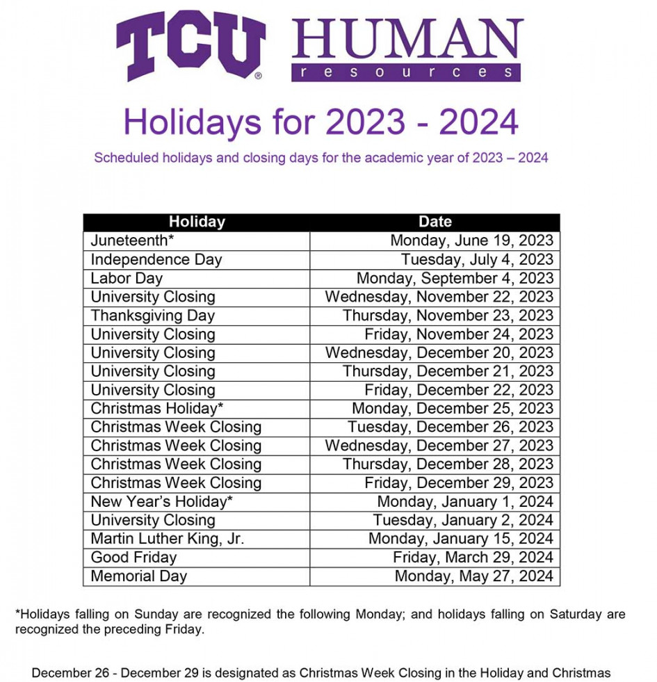 TCU Holiday Calendar