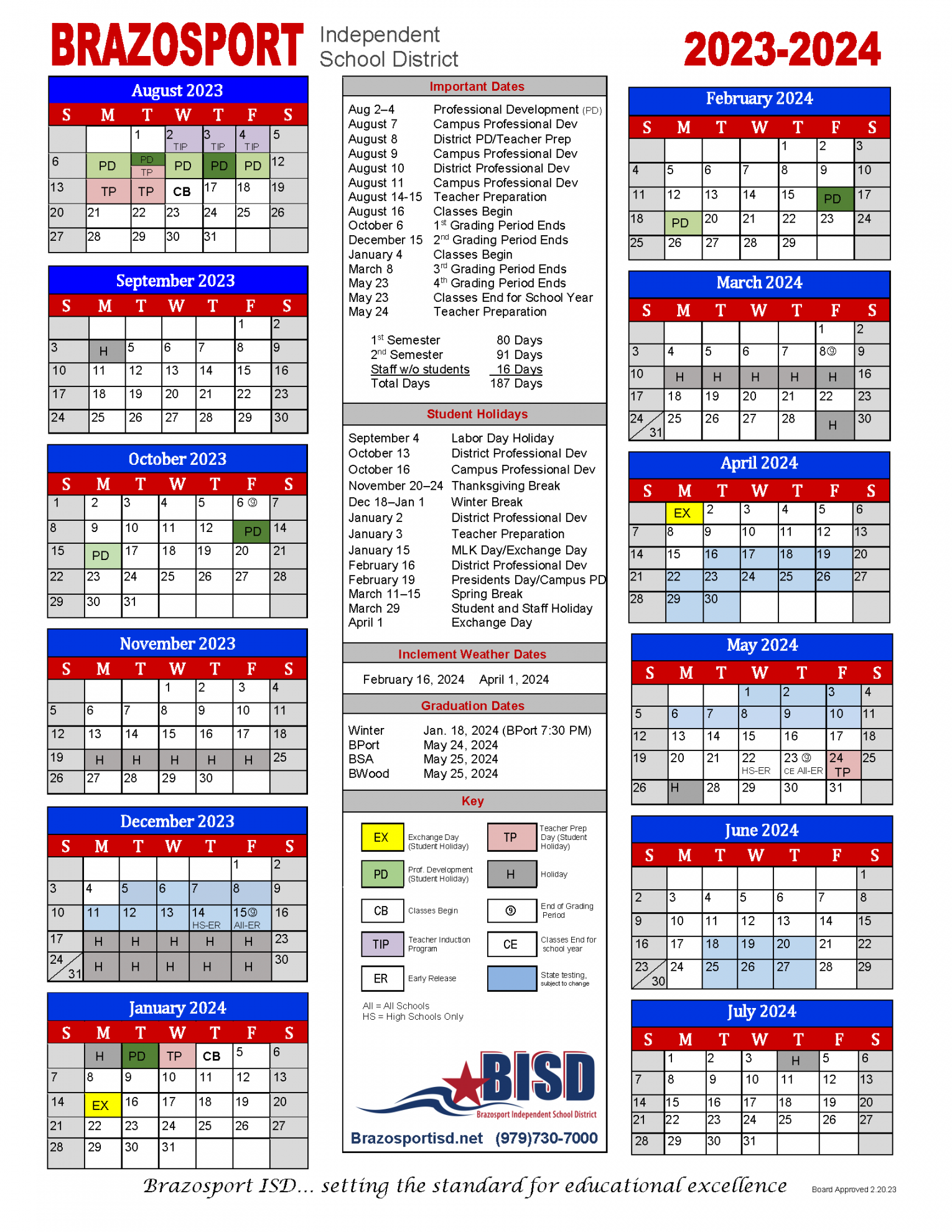 Board Approves - School Calendar - Brazosport High School