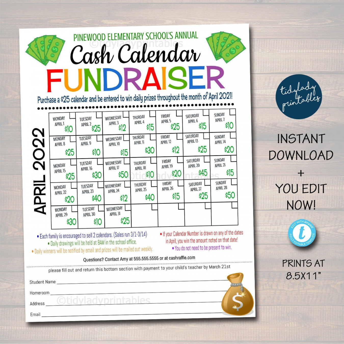 Cash Calendar Fundraiser Flyer, Printable Handout Take Home Fundraiser  Event Sheet, Church Nonprofit School PTO PTA Event, Editable Template