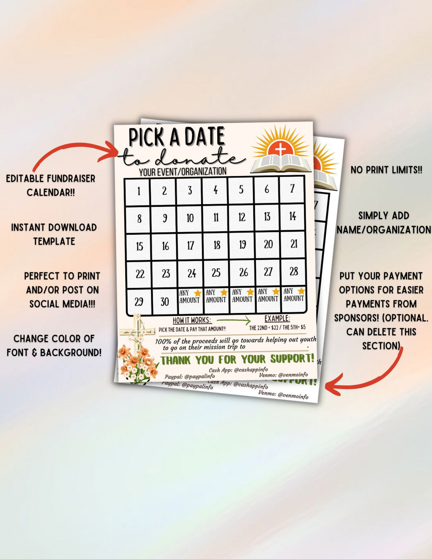 EDITABLE Church Pick a Date Fundraiser Calendar Sponsor a Date