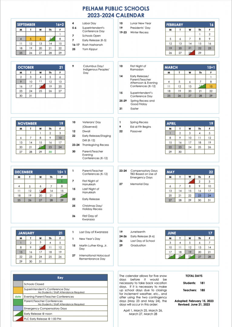 FYI: Revised one-page Pelham school district calendar for -