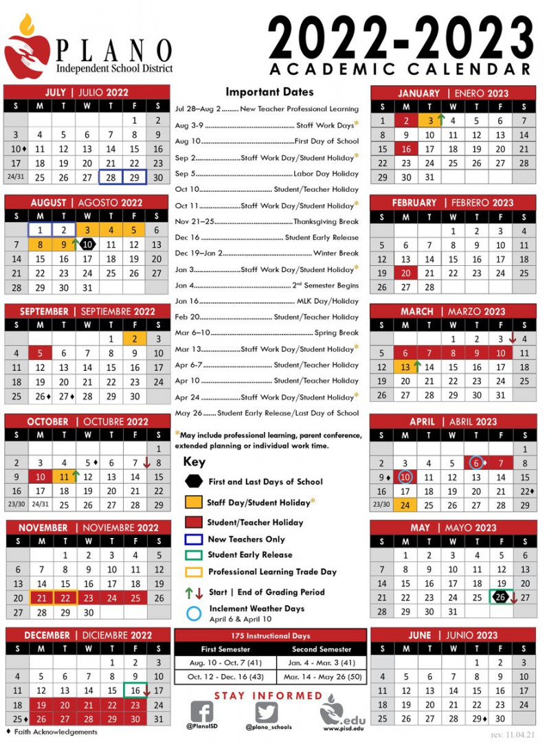 Plano ISD on X: "The Plano ISD - school calendar was