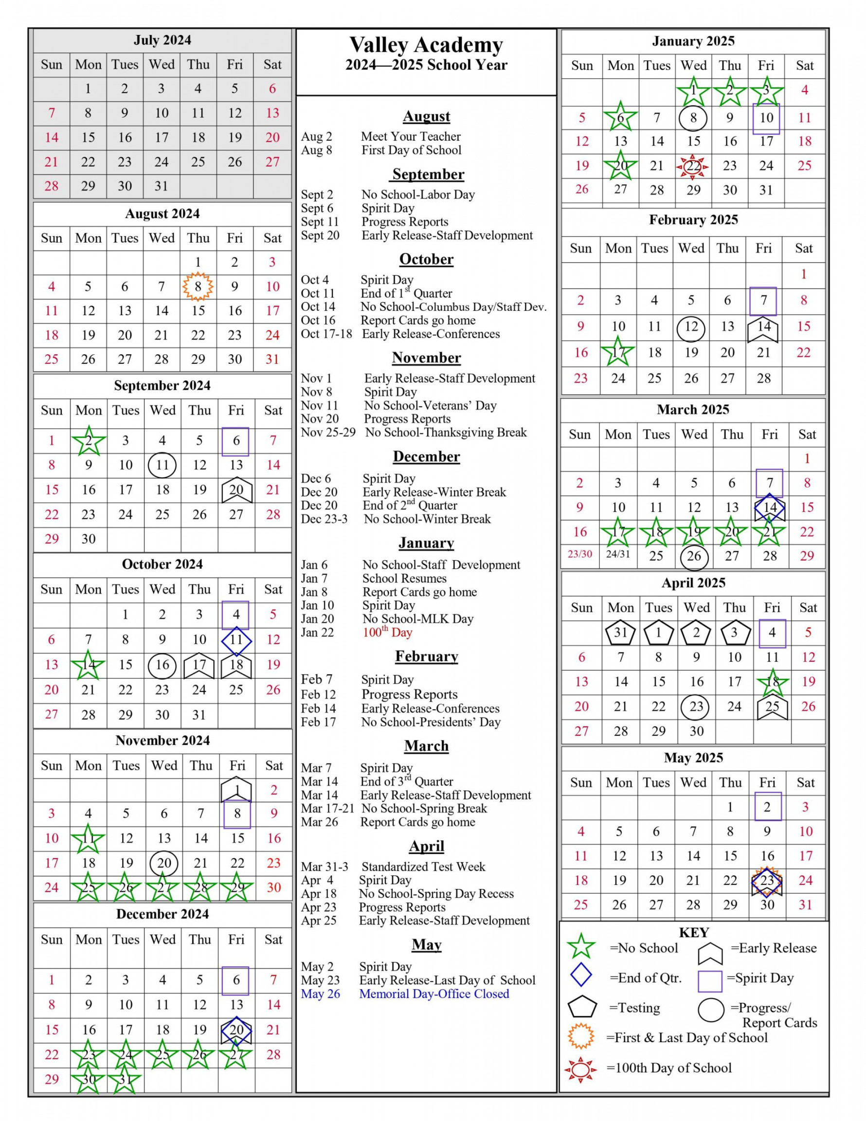 School Year Calendar - - Valley Academy