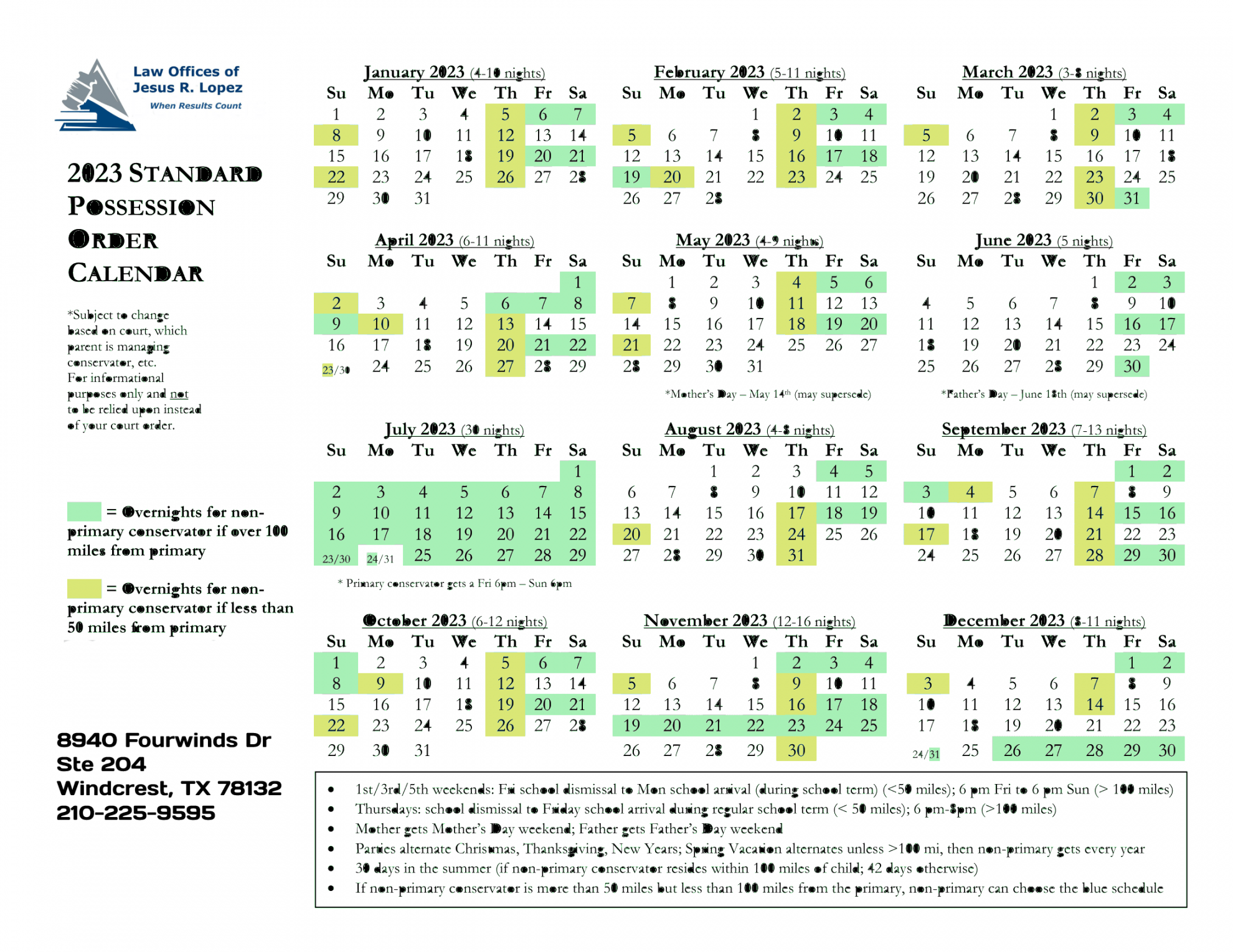 Standard Possession Calendar