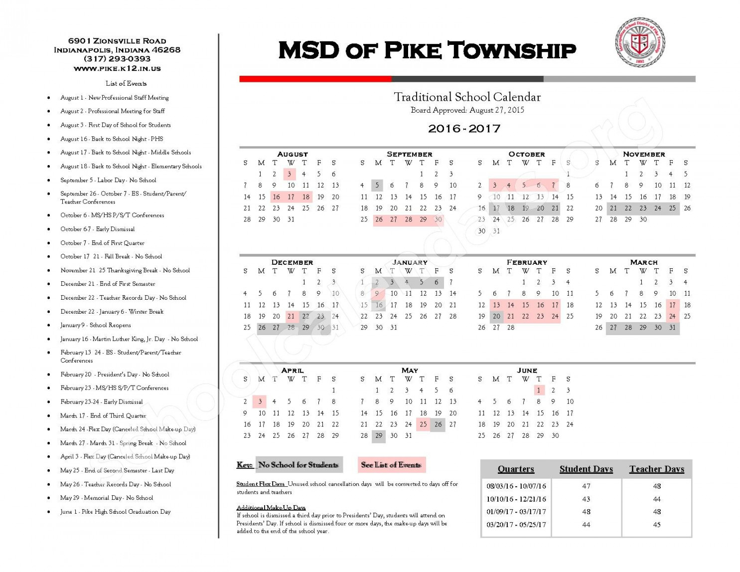 -  Traditional Calendars  Metropolitan School District