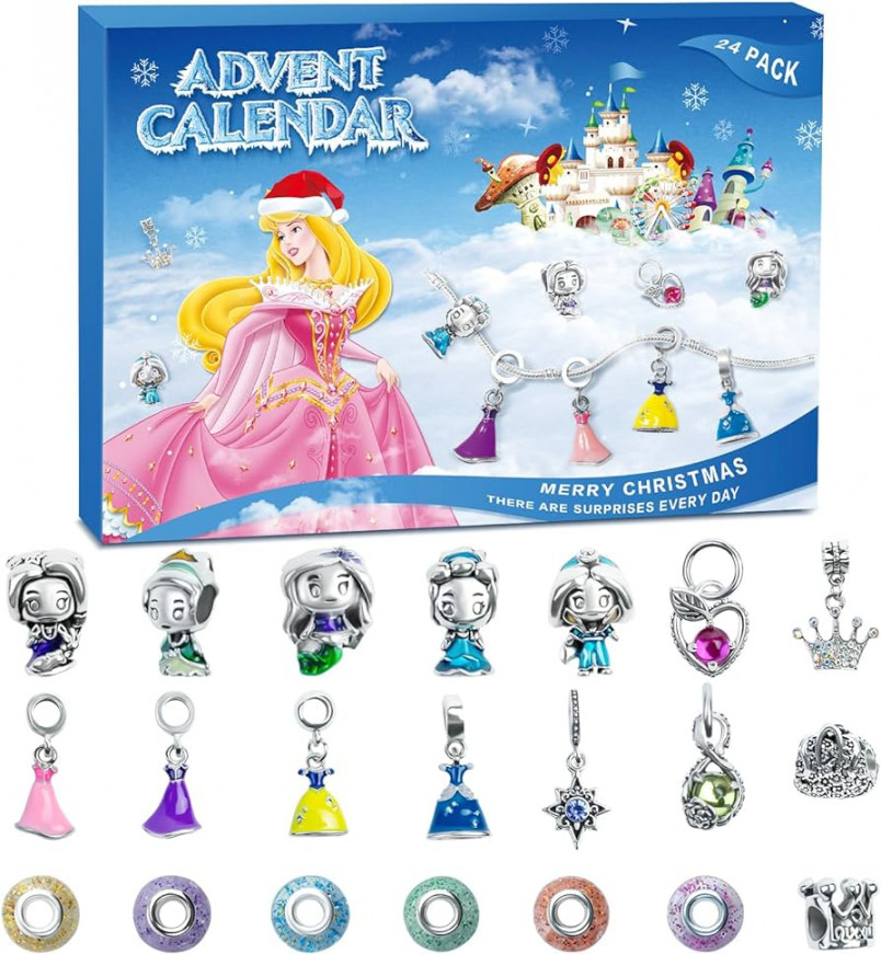 Advent Calendar ,Princess Christmas Countdown Calendar Frozen  Days  with DIY Charm Bracelet Surprise Making Kit Creative Gifts for Girls Teens