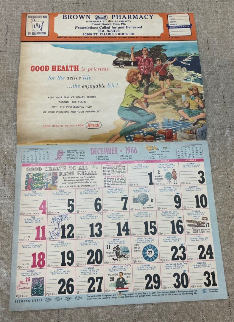 Brown Pharmacy Store Calendar St Ann? MO  Rexall Frank Brown Owner Rare