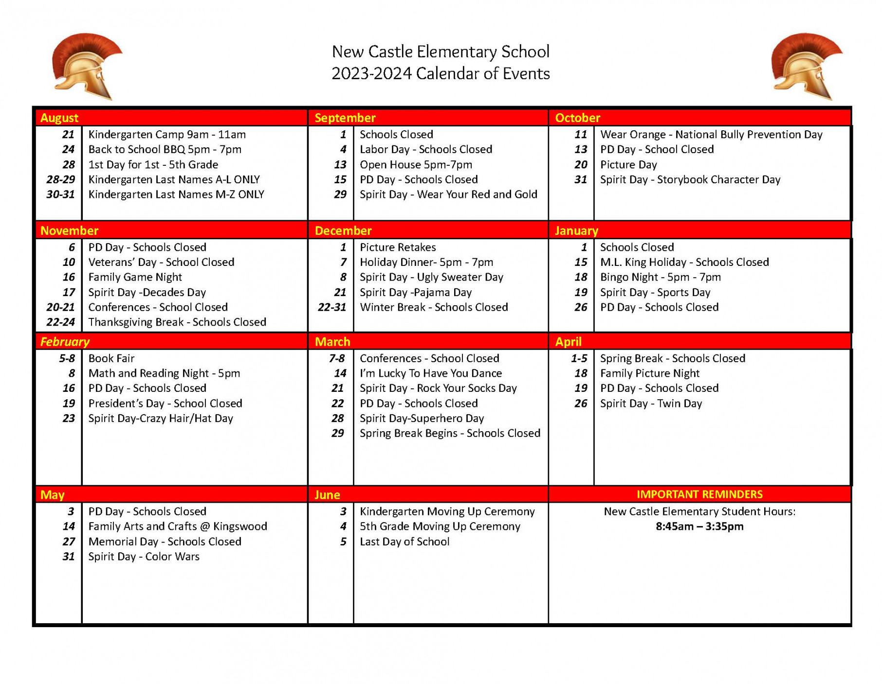 Calendar  New Castle Elementary School