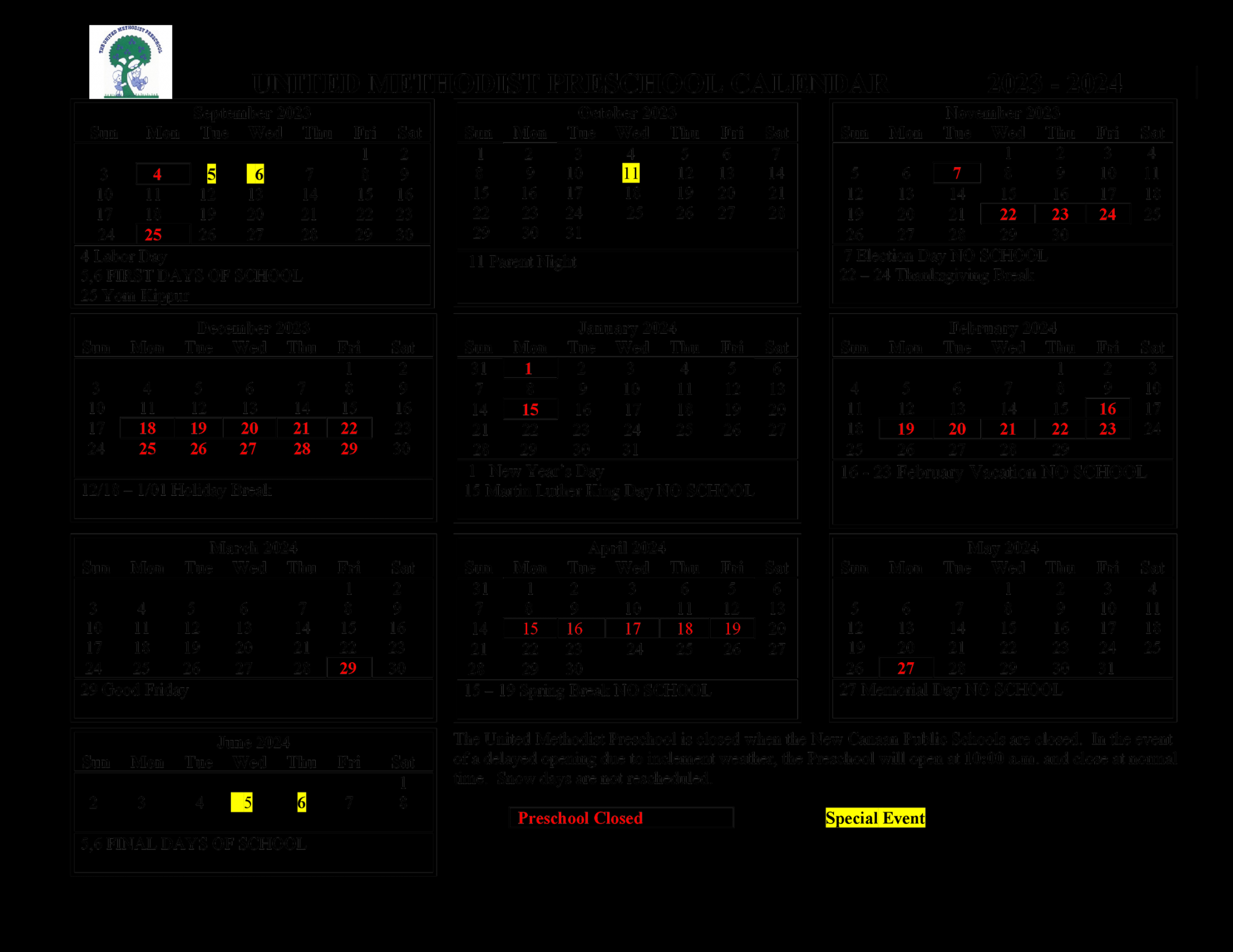 Calendar — United Methodist Preschool