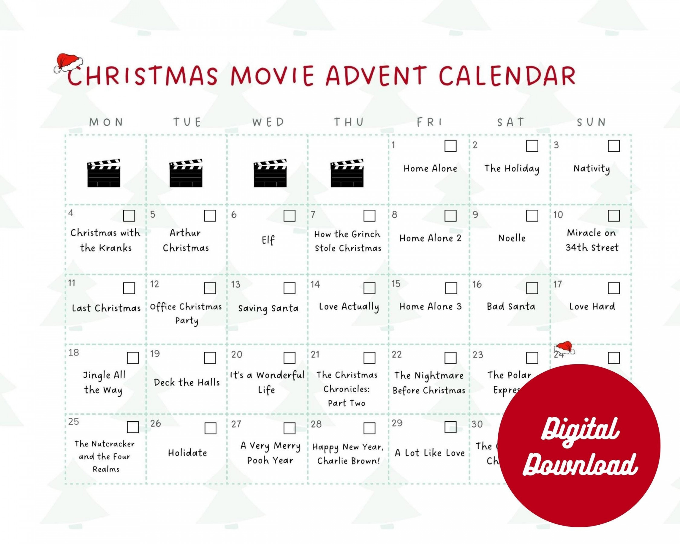 Christmas Movie Advent Calendar Till New Year Printable Digital