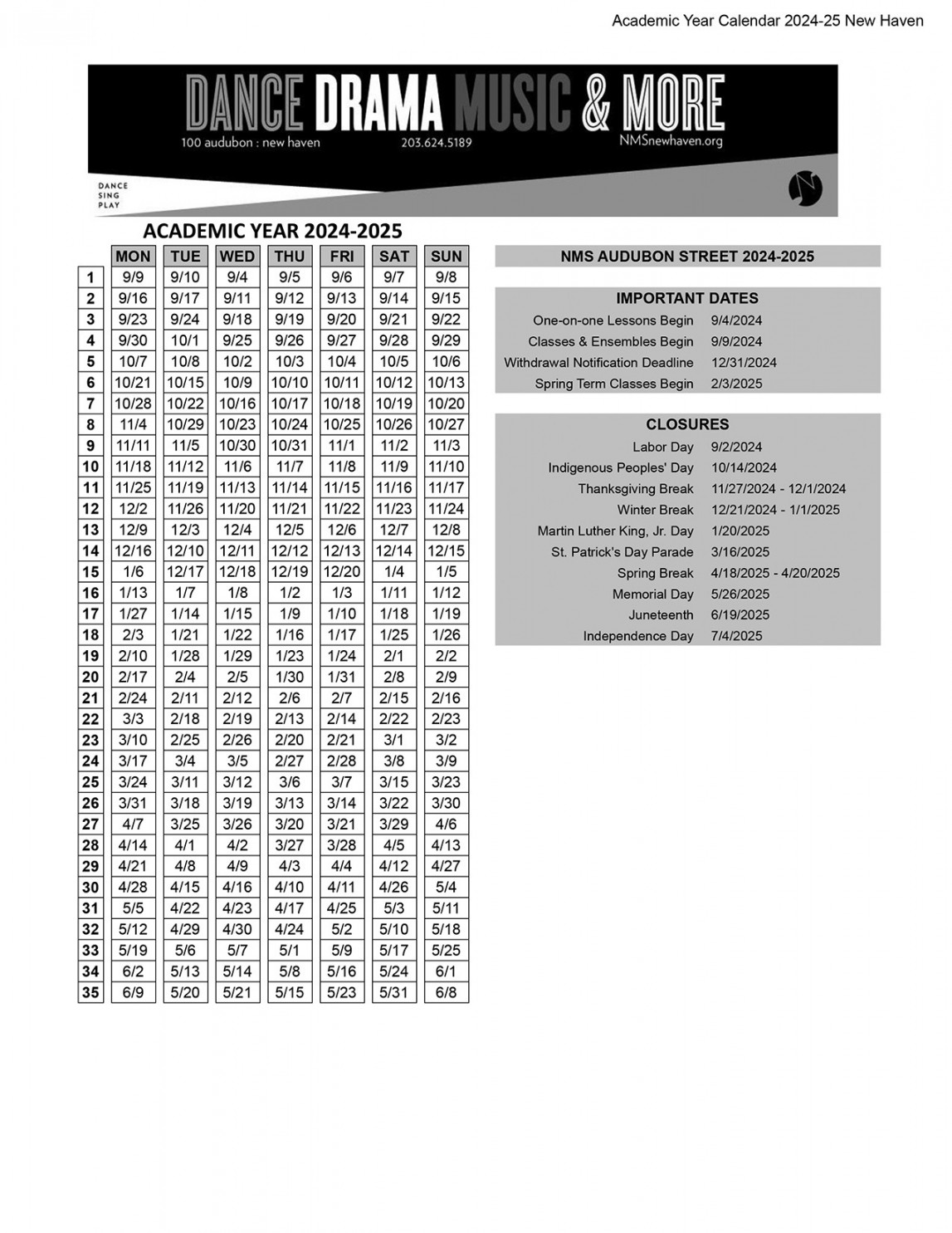 Neighborhood Music School  Academic Calendar