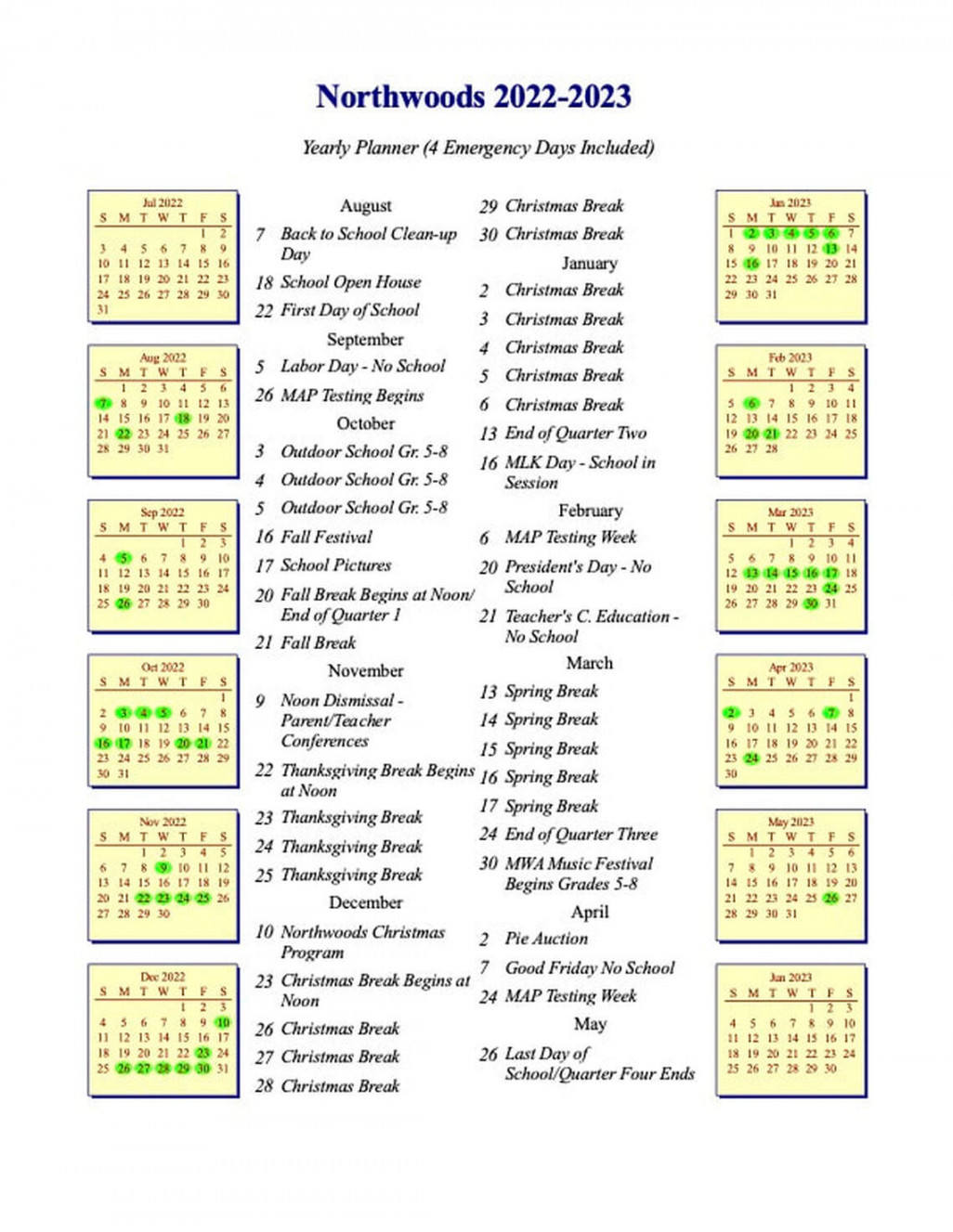 Northwood Elementary Calendar