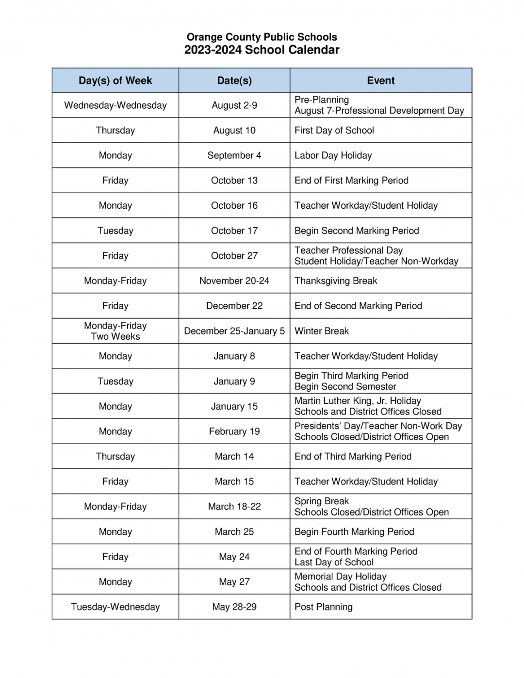 - OCPS District Calendar - Orange County Public Schools