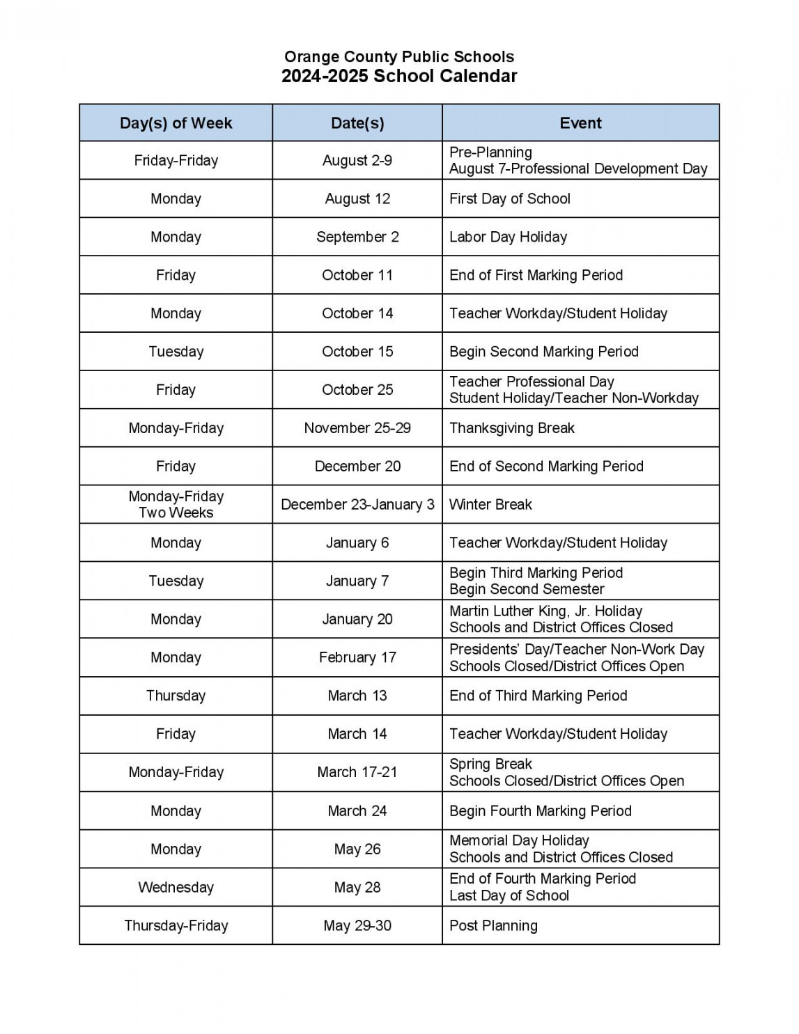 Orange County Public Schools Calendar -