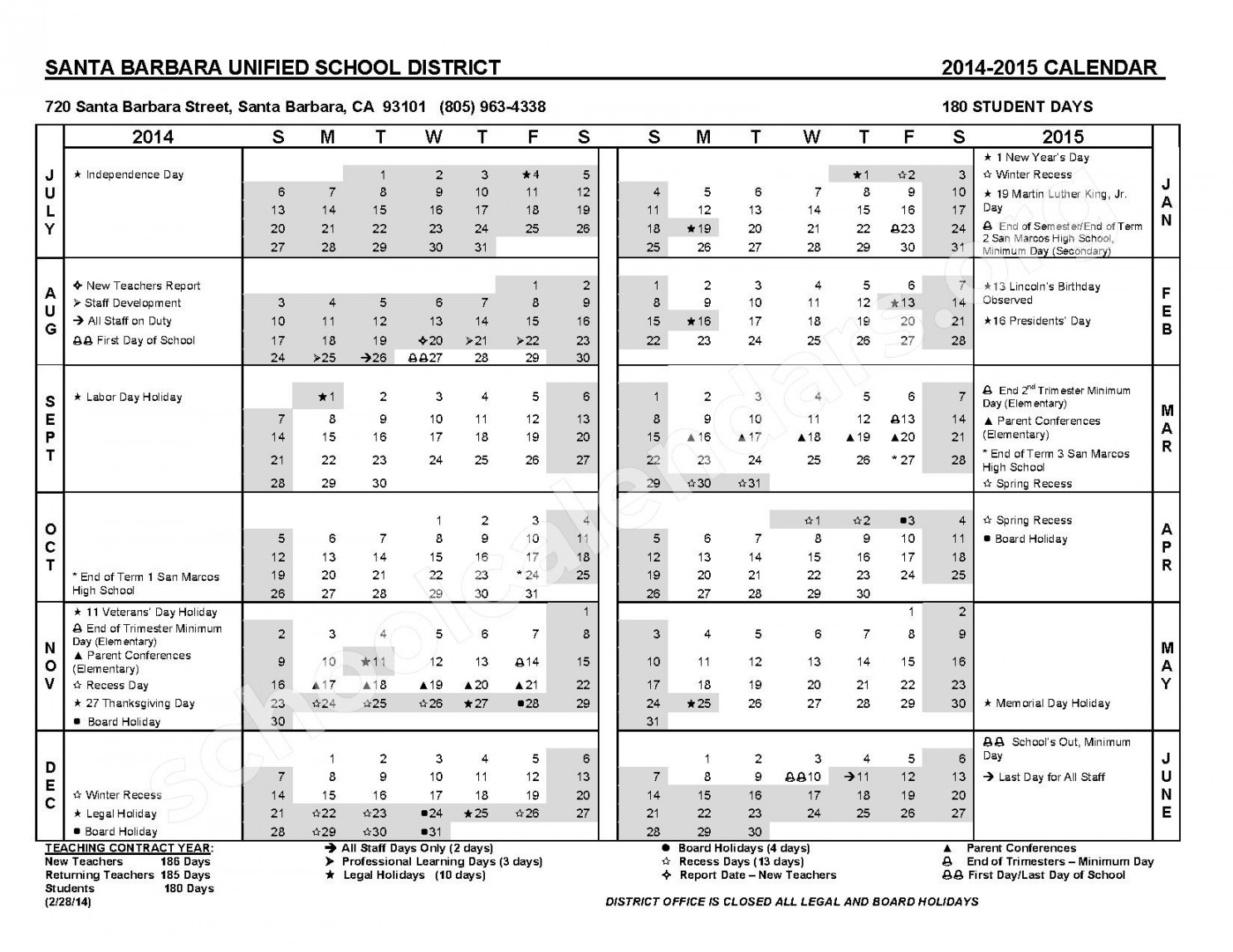 Santa Barbara Unified Calendar