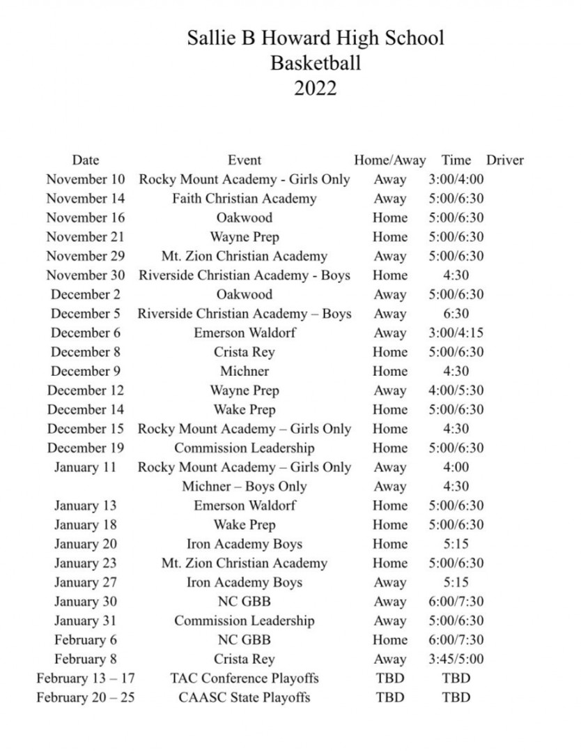 Schedule - Sallie B Howard School  Public Charter School  Wilson, NC