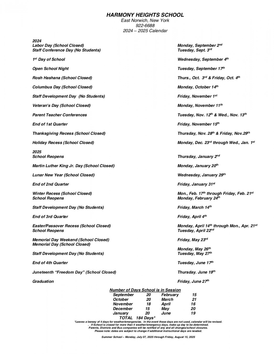 SCHOOL CALENDAR — Harmony Heights Day School