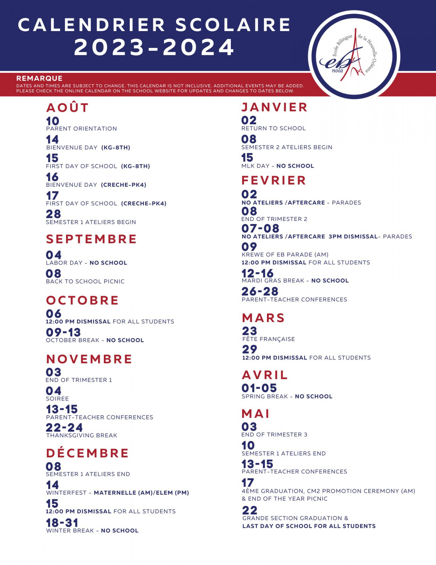 School Calendars and Daily Schedule – Bienvenue à l