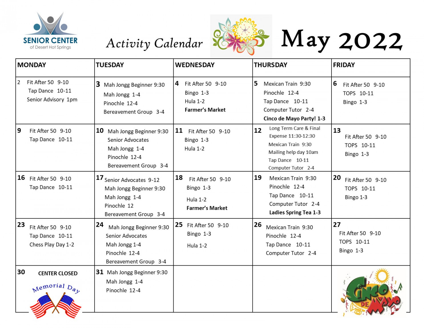 Senior Center Activity Calendar - Calendar Template Printable