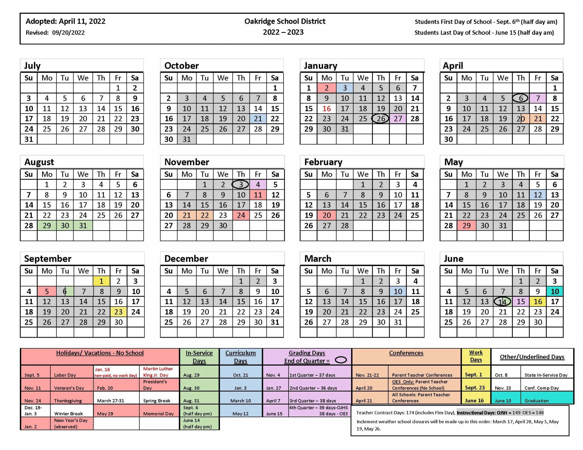 Updated School Calendar  Oakridge School District