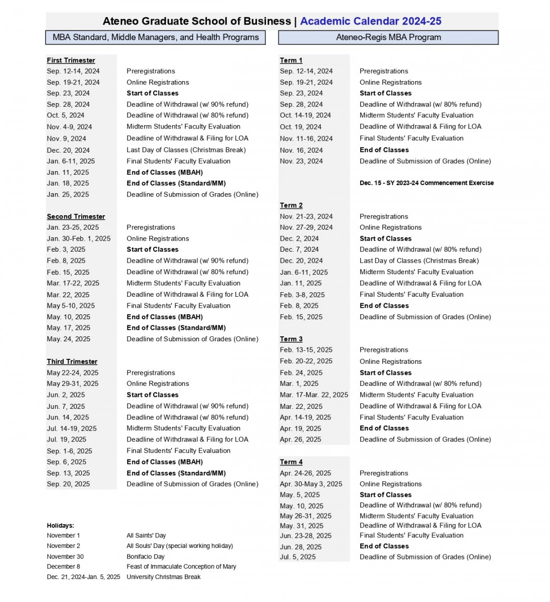 Academic Calendar SY -  Ateneo Graduate School of Business