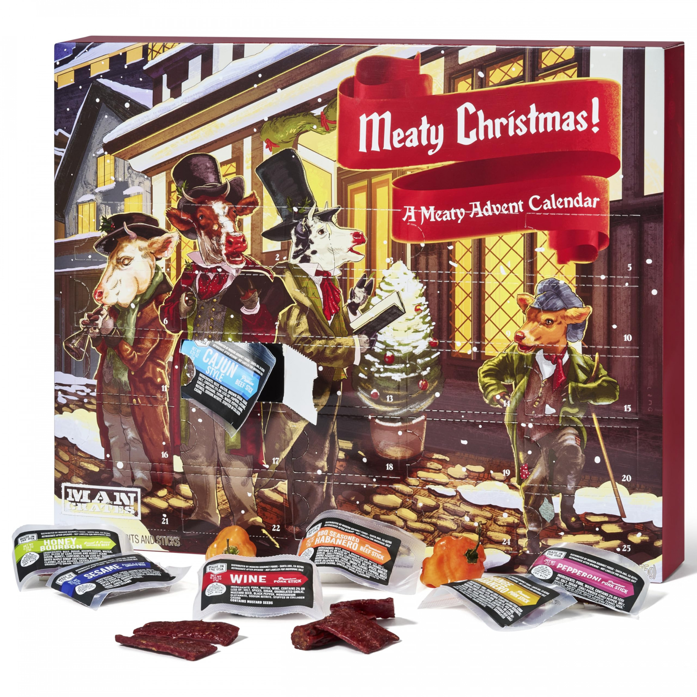 Man Crates Jerky Advent Calendar Featuring "Cow Caroler" Artwork – Includes   Festive Flavors of Beef Jerky – Delicious Flavors Like Orange Habanero,