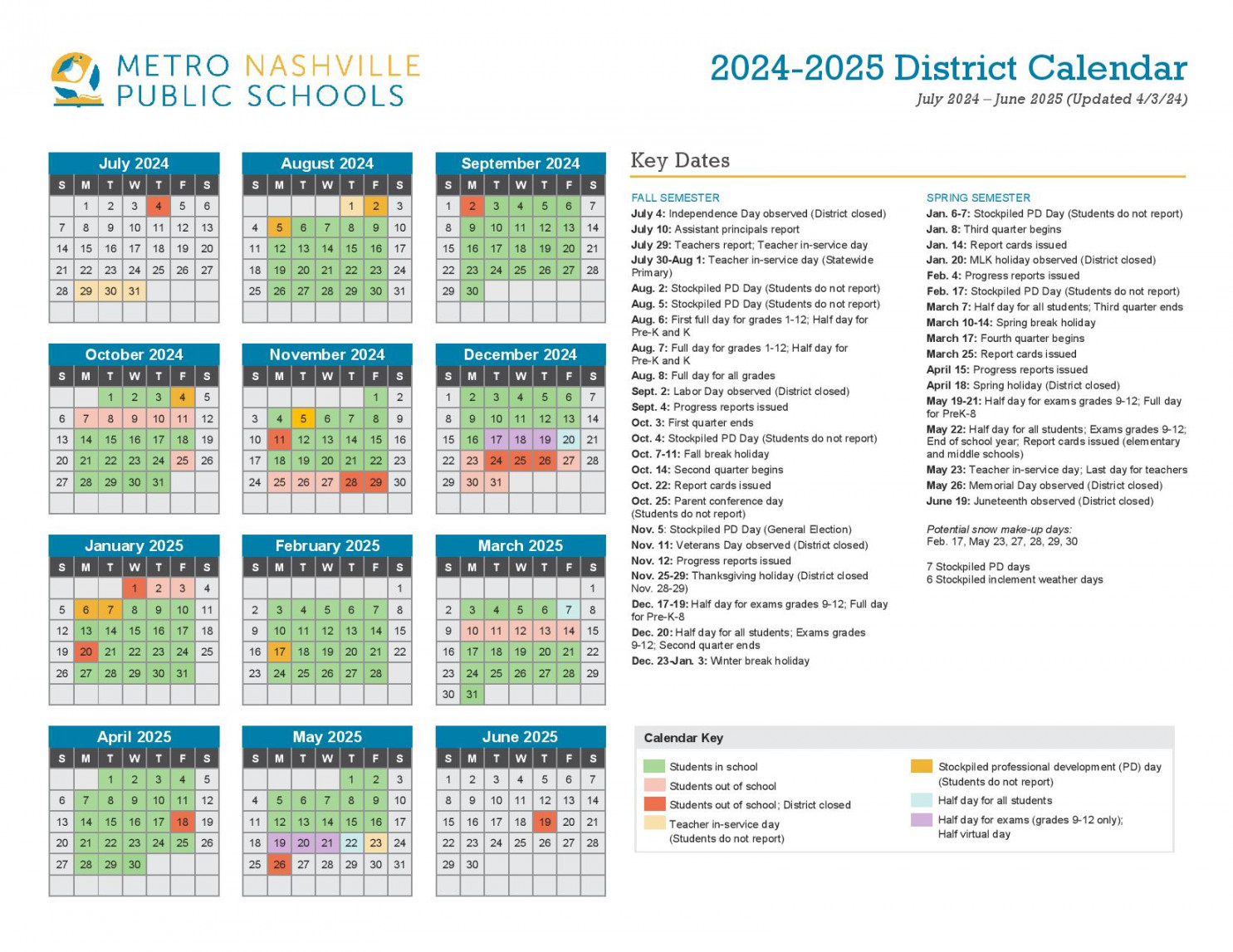 Metro Nashville Public Schools Calendar -  MNPS Holidays