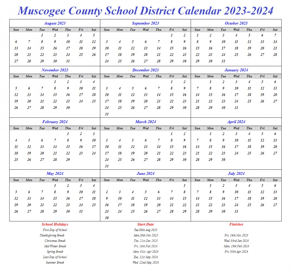 Muscogee County School District Calendar - With PDF