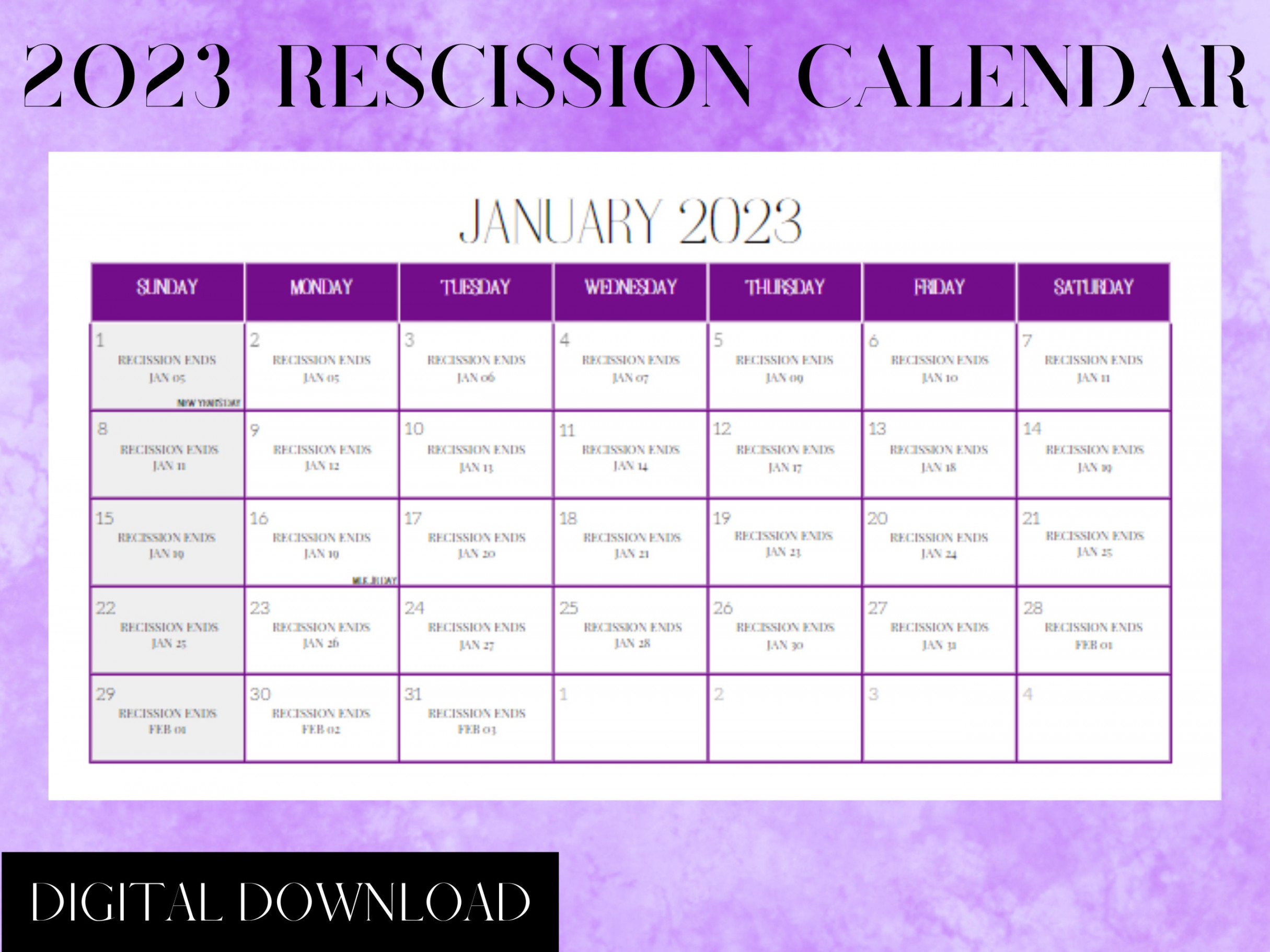 PRINTABLE Rescission Calendar PURPLE Digital Download