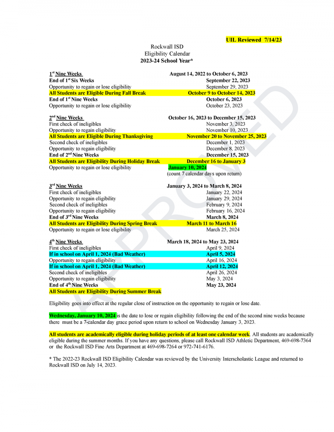 Rockwall ISD Eligibility Calendar -- Approved - APPROVED UIL