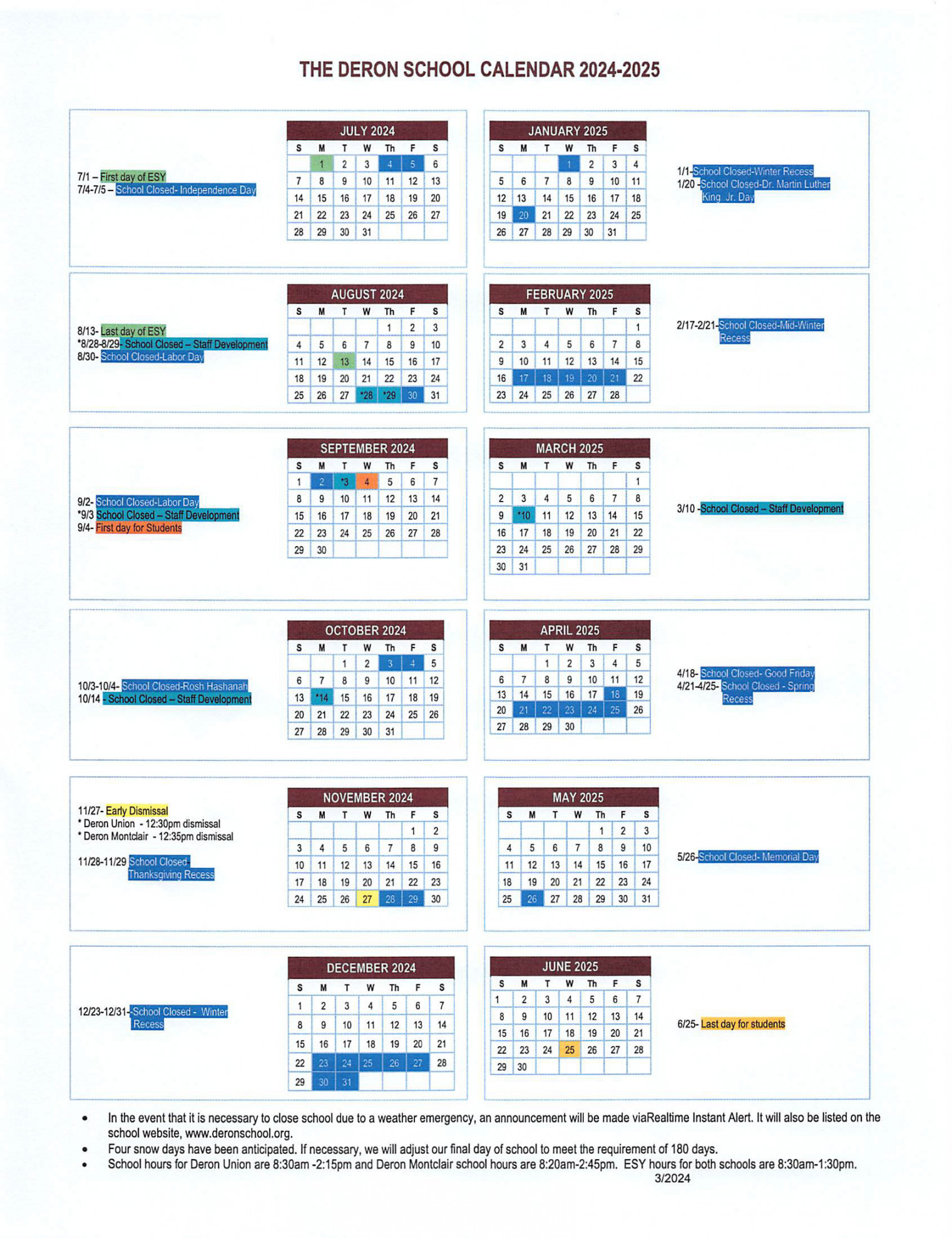 School Calendar - Deron School