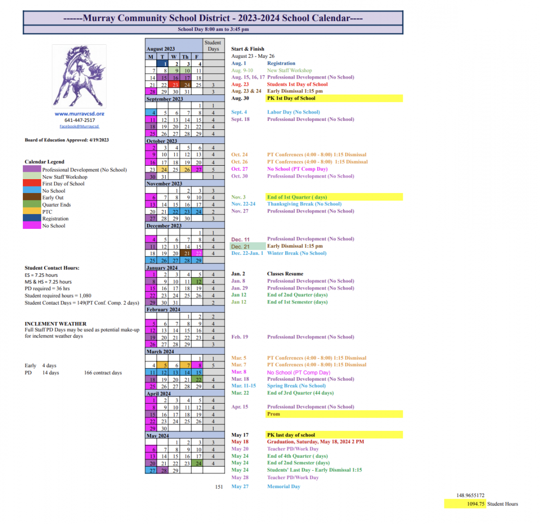 - School Calendar – Murray Community School District