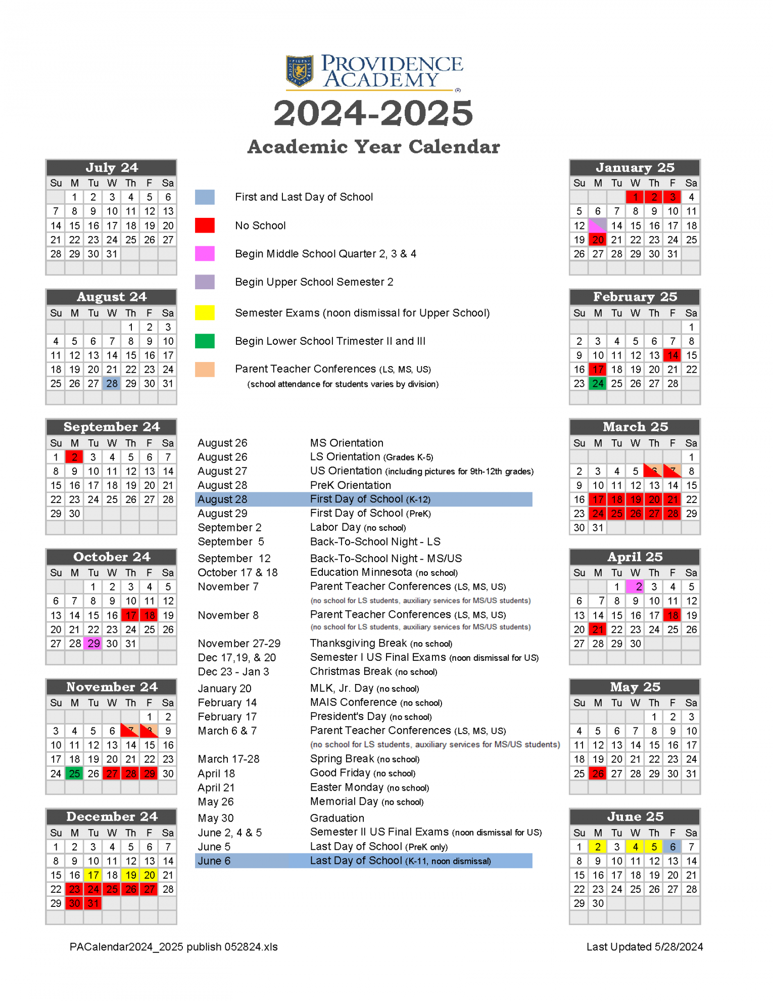 Academic Calendar - Providence Academy