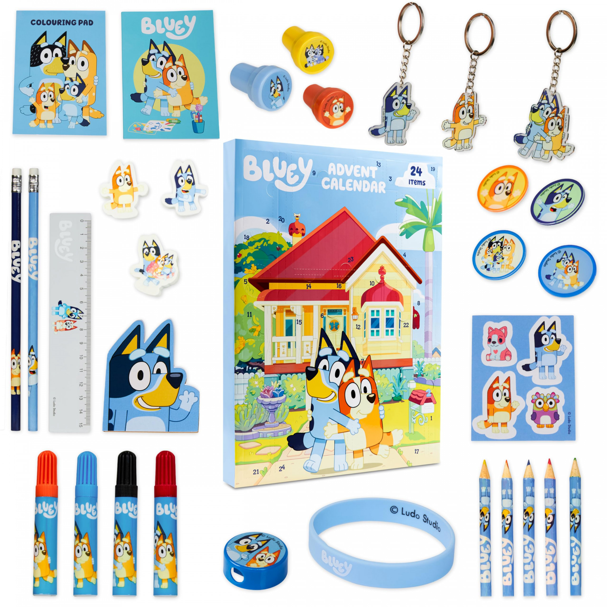 Bluey Advent Calendar  for Kids, Stationery Colouring Pencils Keychains  Bracelet