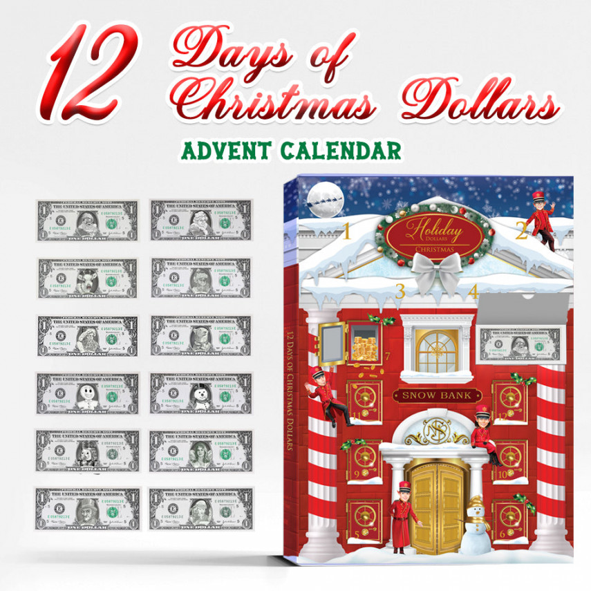 Days of Christmas Dollars Advent Calendar.  Real Bankable and  Spendable Dollars in a  day Advent Calendar Snow Bank Box.