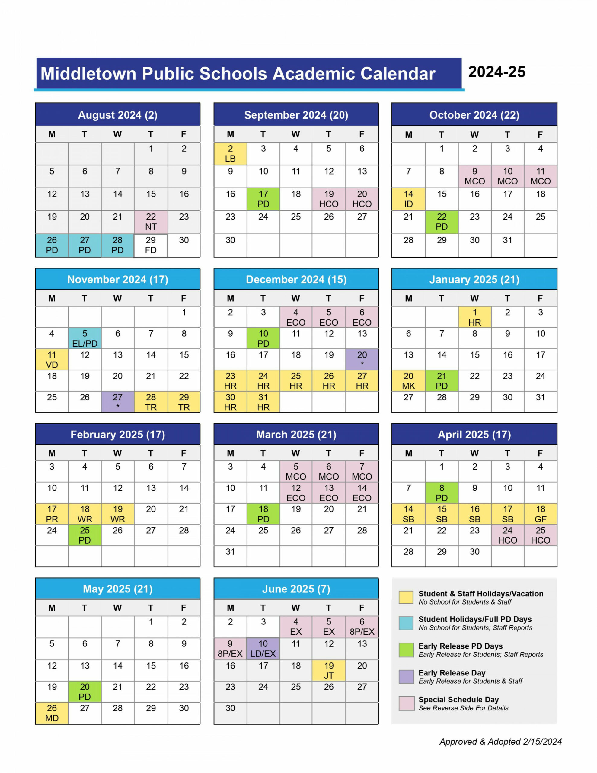 District Academic Calendars, Early Release Schedules, and School