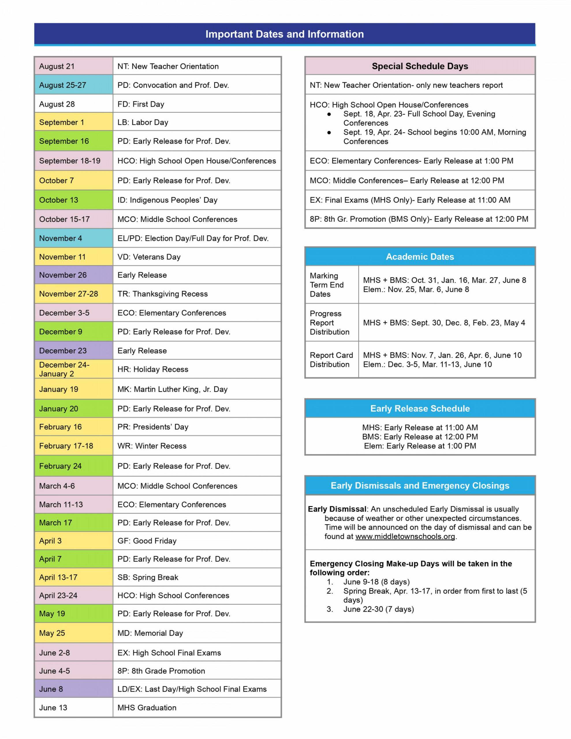 District Academic Calendars, Early Release Schedules, and School