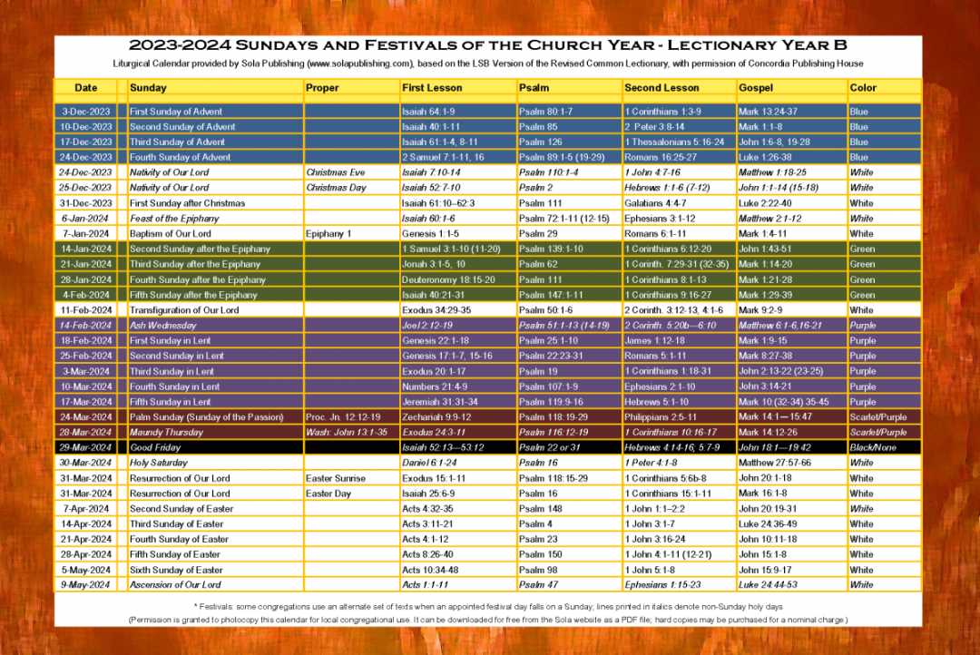 Liturgical Calendar (Year B) K-  Sola Publishing