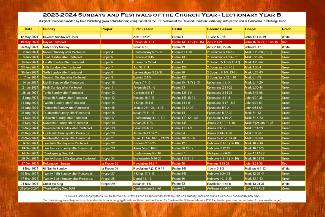 Liturgical Calendar (Year B) K-  Sola Publishing